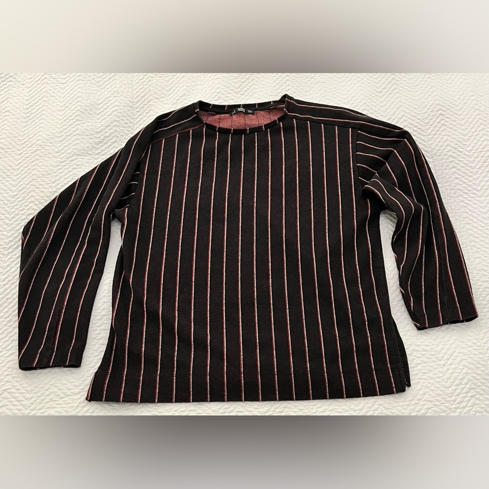 Zara casual pull on long sleeve black shirt with vertical red and white stripes